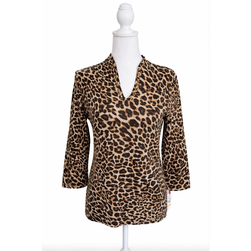 Ruby Rd Leopard Print Top Womens Small NWT Studded V Neck 3/4 Sleeve